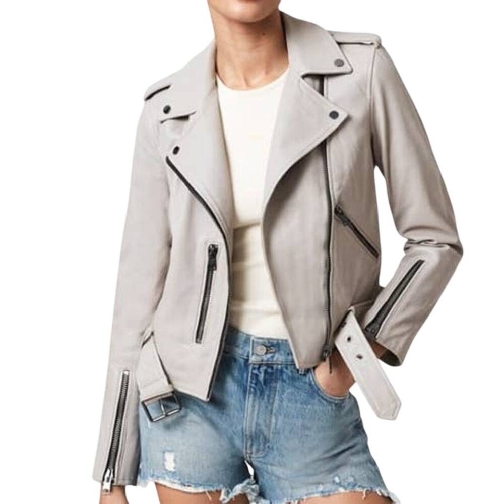 AllSaints NWT Balfern Lamb Leather Biker Jacket Size US 0 Moto Cream Off White